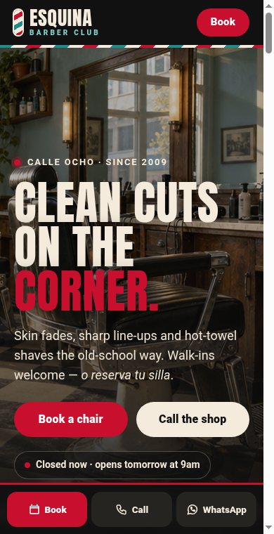 Esquina Barber Club demo website on a phone
