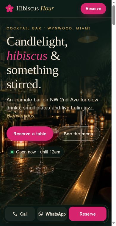 Hibiscus Hour demo website on a phone