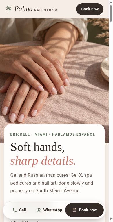 Palma Nail Studio demo website on a phone