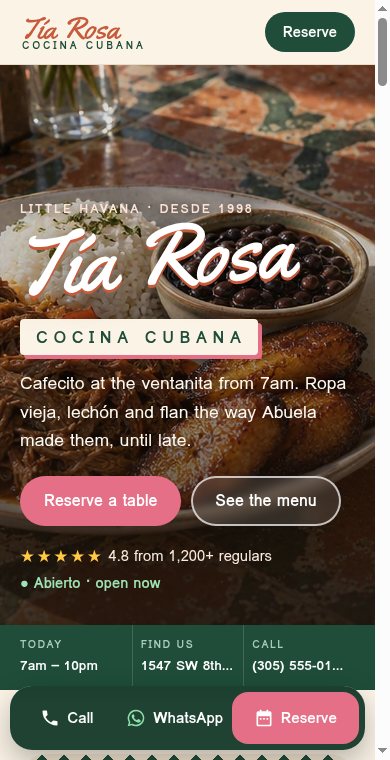 Tía Rosa Cocina Cubana demo website on a phone